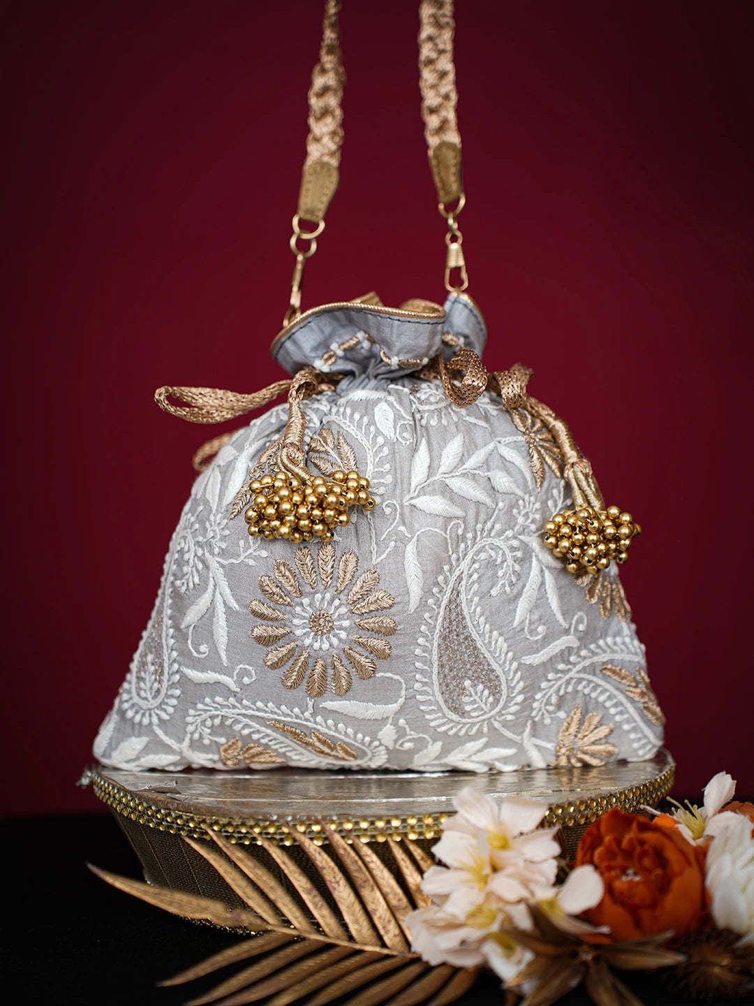Ada Hand Embroidered Grey Silk Lucknowi Chikankari Potli Bag With Zari Work 01A725664