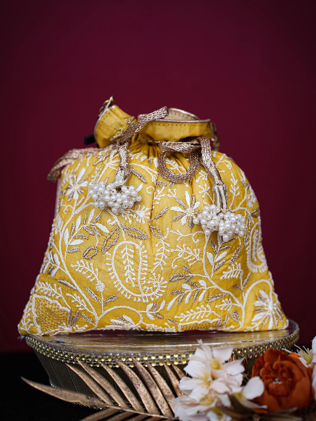 Ada Hand Embroidered Yellow Silk Lucknowi Chikankari Potli Bag With Zari Work 01A725671