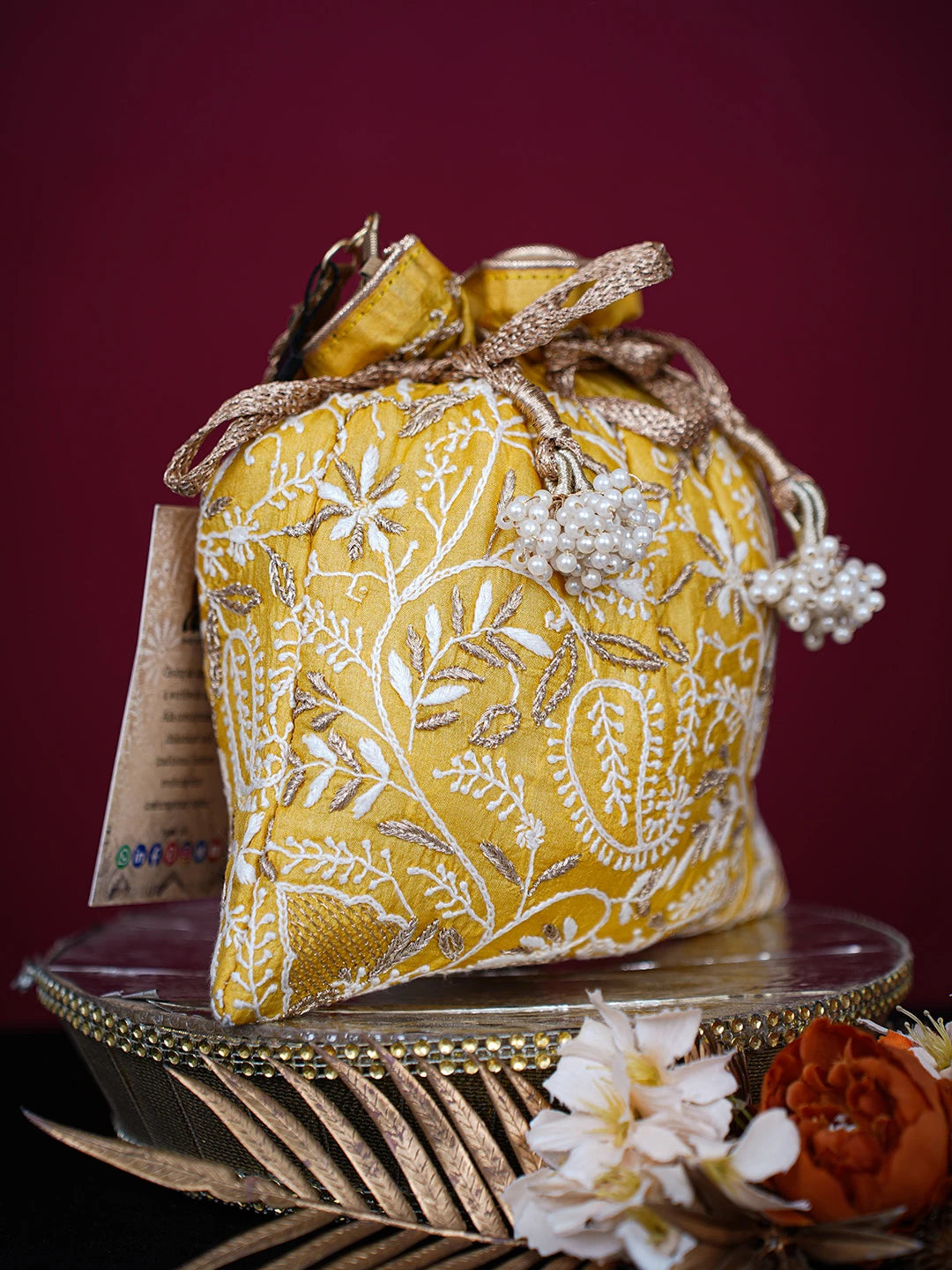 Ada Hand Embroidered Yellow Silk Lucknowi Chikankari Potli Bag With Zari Work 01A725671