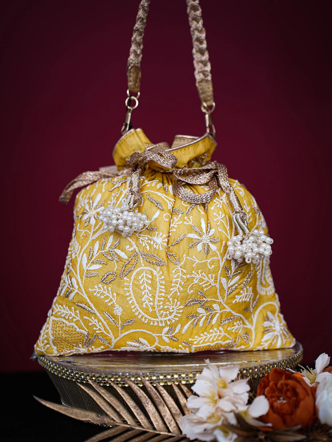 Ada Hand Embroidered Yellow Silk Lucknowi Chikankari Potli Bag With Zari Work 01A725671