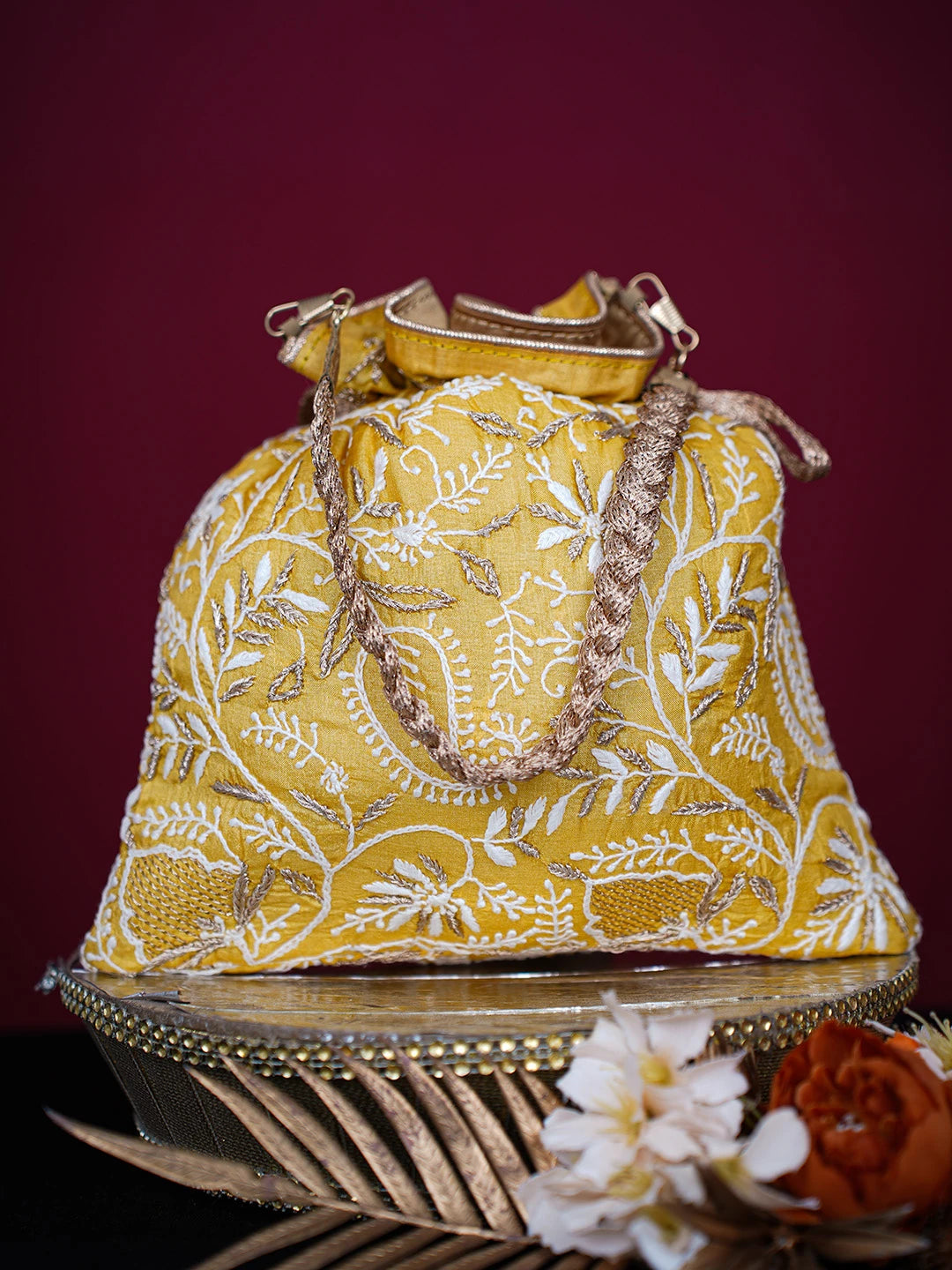 Ada Hand Embroidered Yellow Silk Lucknowi Chikankari Potli Bag With Zari Work 01A725671