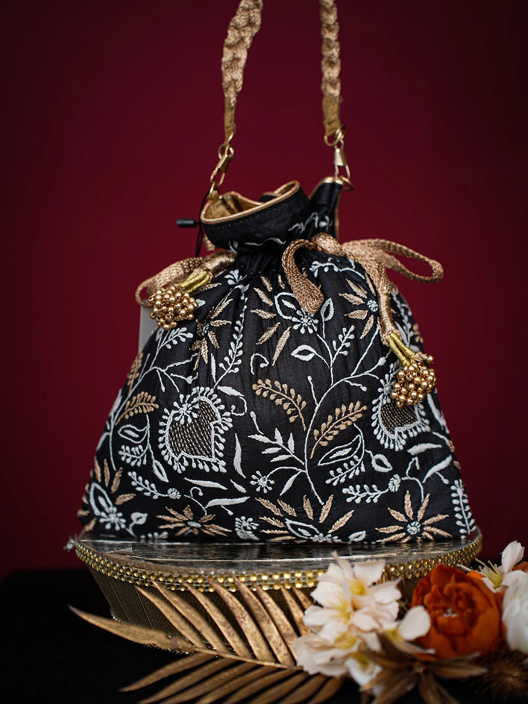 Ada Hand Embroidered Black Silk Lucknowi Chikankari Potli Bag With Zari Work 01A725674