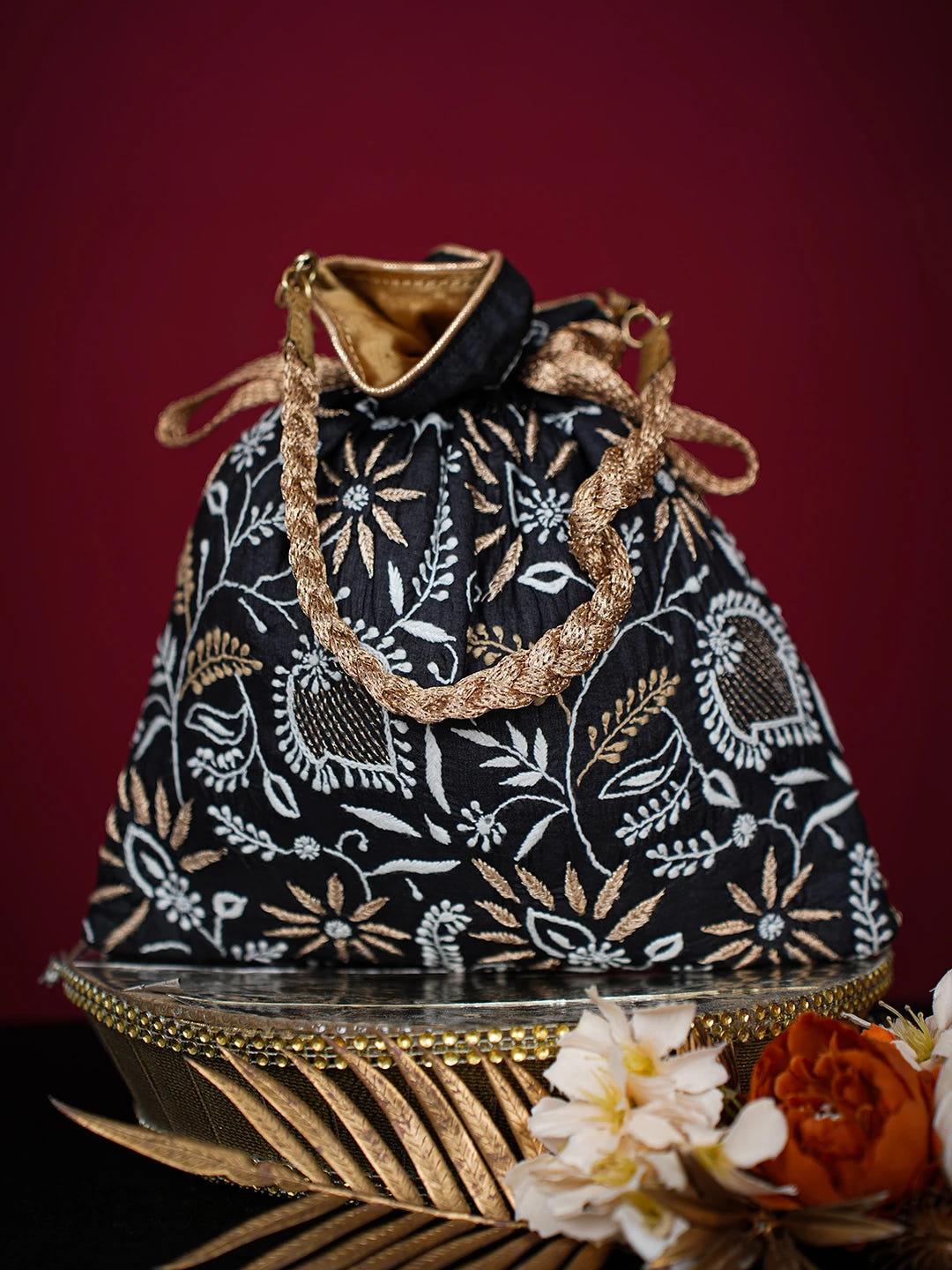 Ada Hand Embroidered Black Silk Lucknowi Chikankari Potli Bag With Zari Work 01A725674