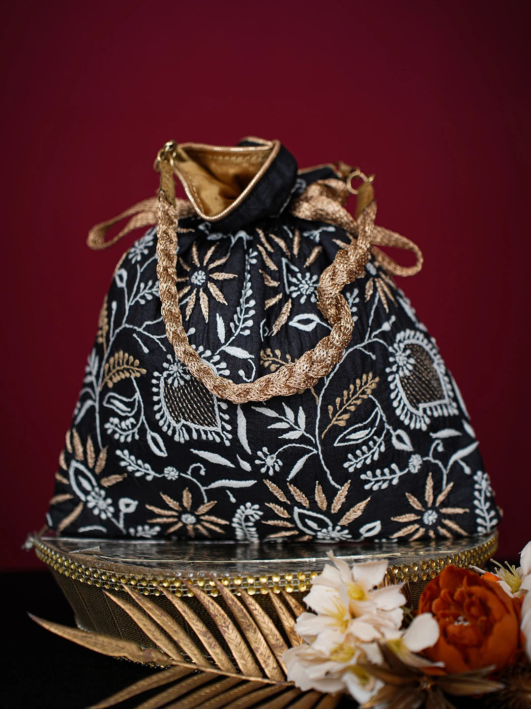 Ada Hand Embroidered Black Silk Lucknowi Chikankari Potli Bag With Zari Work 01A725674