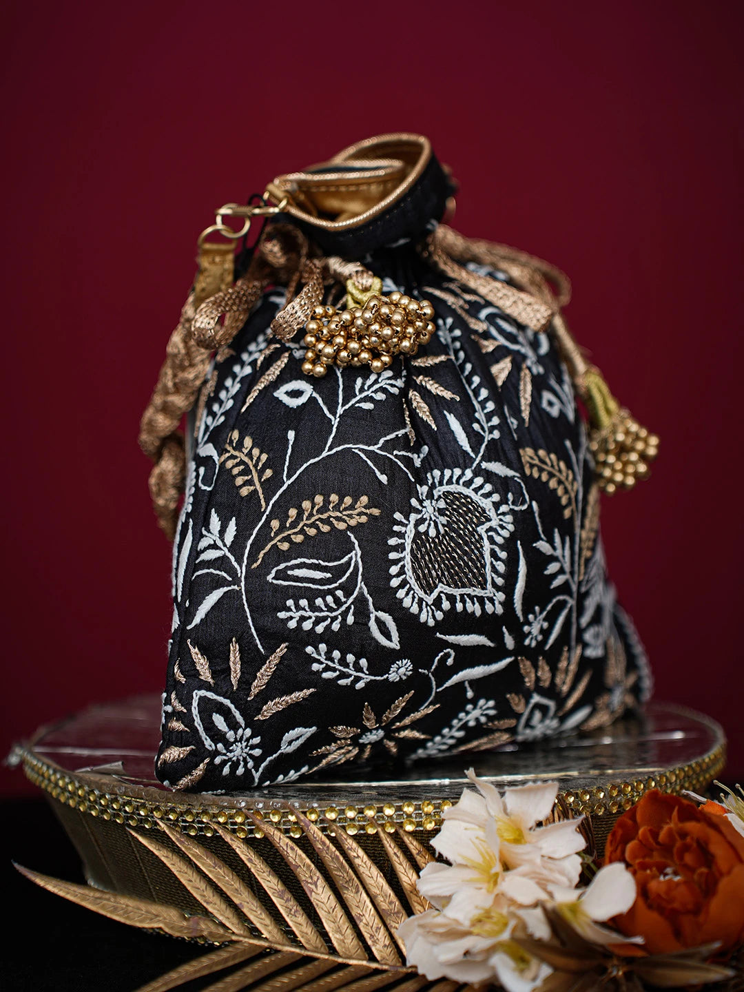 Ada Hand Embroidered Black Silk Lucknowi Chikankari Potli Bag With Zari Work 01A725674