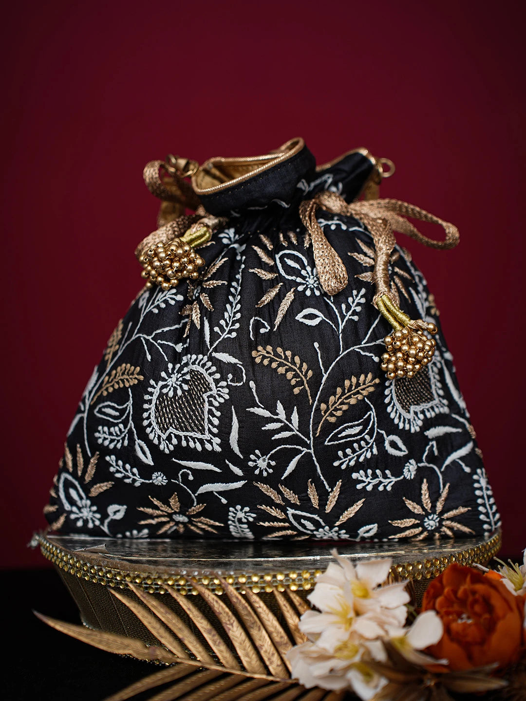 Ada Hand Embroidered Black Silk Lucknowi Chikankari Potli Bag With Zari Work 01A725674