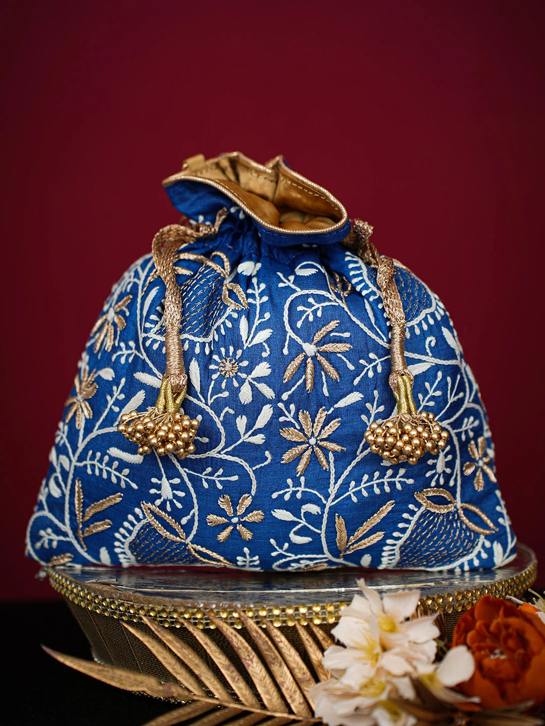 Ada Hand Embroidered Navy Blue Silk Lucknowi Chikankari Potli Bag With Zari Work 01A725666