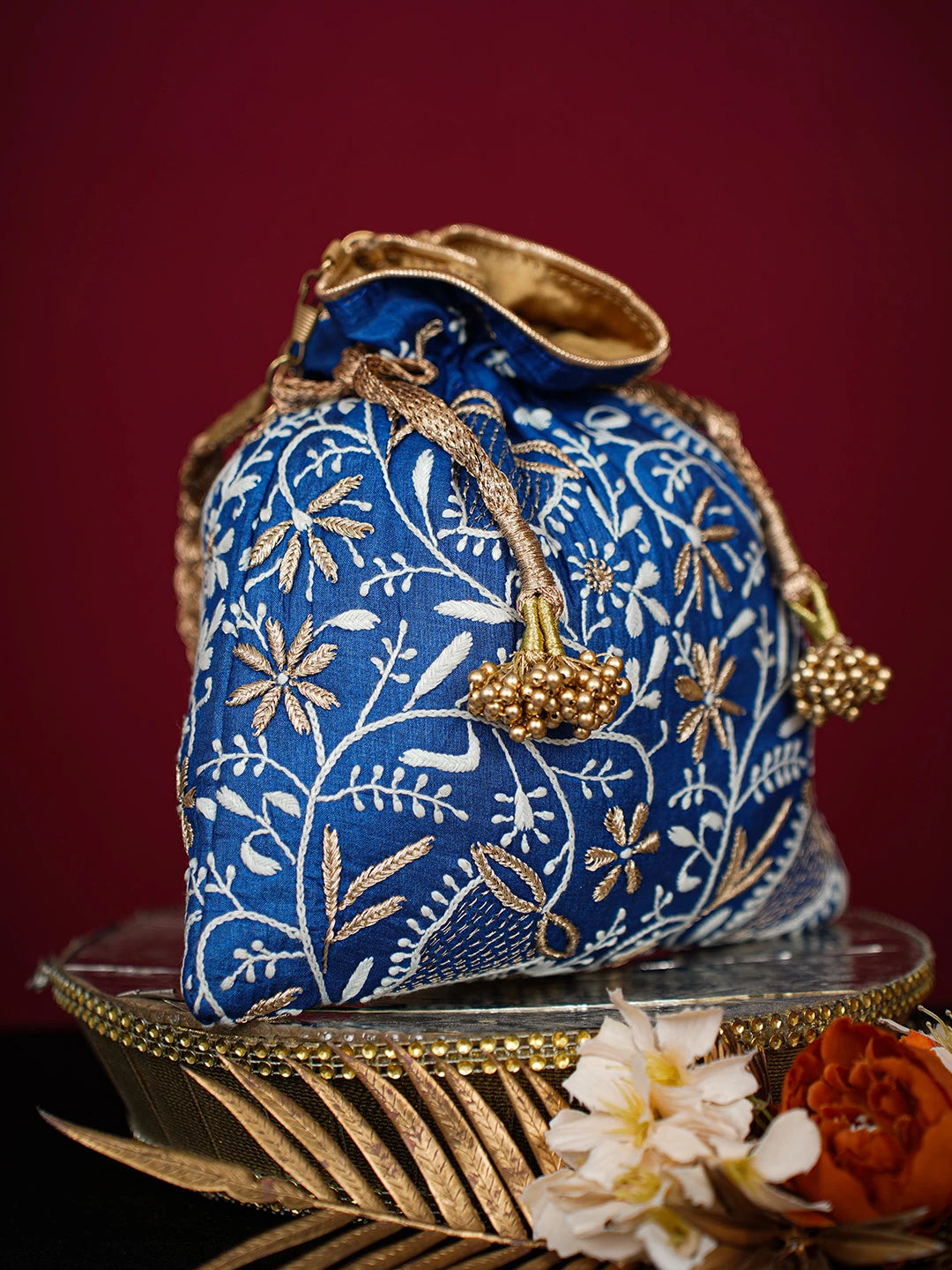 Ada Hand Embroidered Navy Blue Silk Lucknowi Chikankari Potli Bag With Zari Work 01A725666