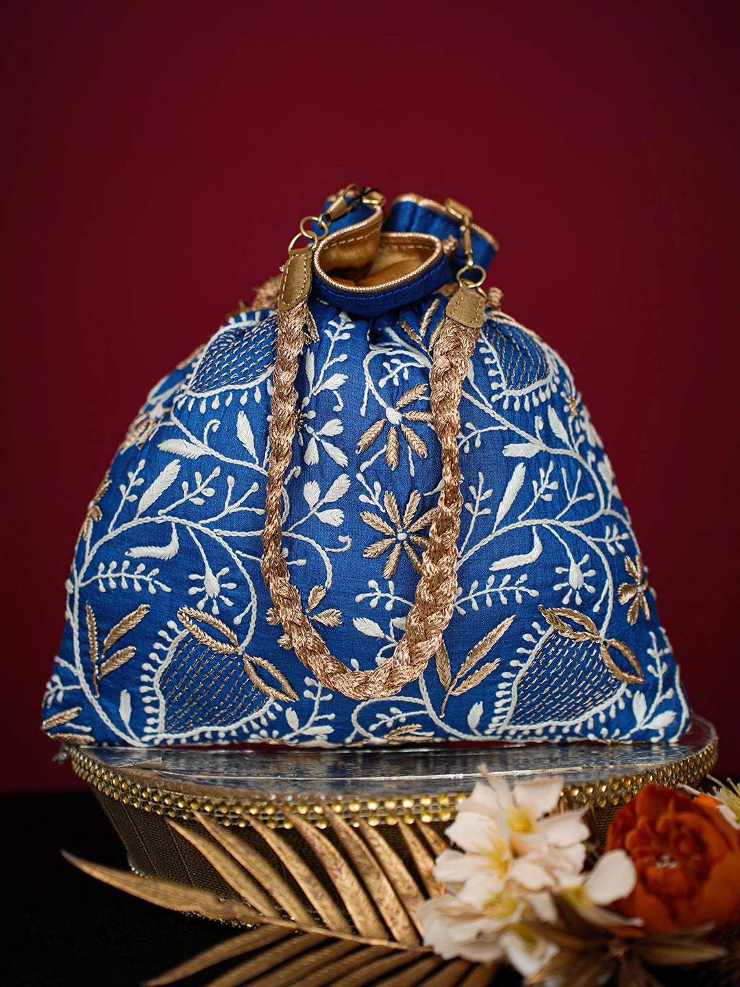 Ada Hand Embroidered Navy Blue Silk Lucknowi Chikankari Potli Bag With Zari Work 01A725666
