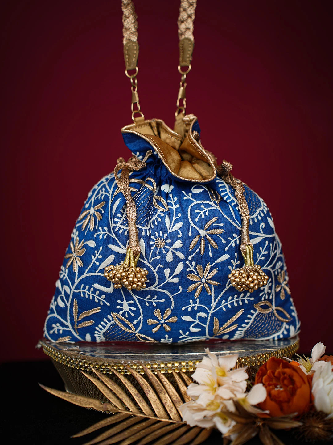 Ada Hand Embroidered Navy Blue Silk Lucknowi Chikankari Potli Bag With Zari Work 01A725666