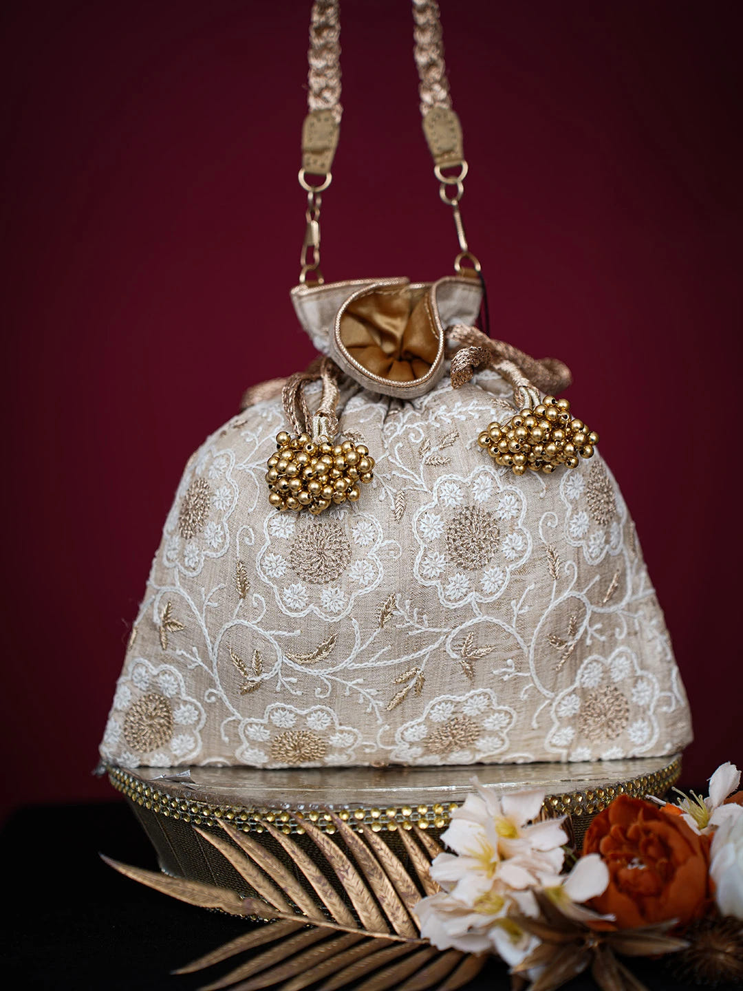 Ada Hand Embroidered Fawn Silk Lucknowi Chikankari Potli Bag With Zari Work 01A725678