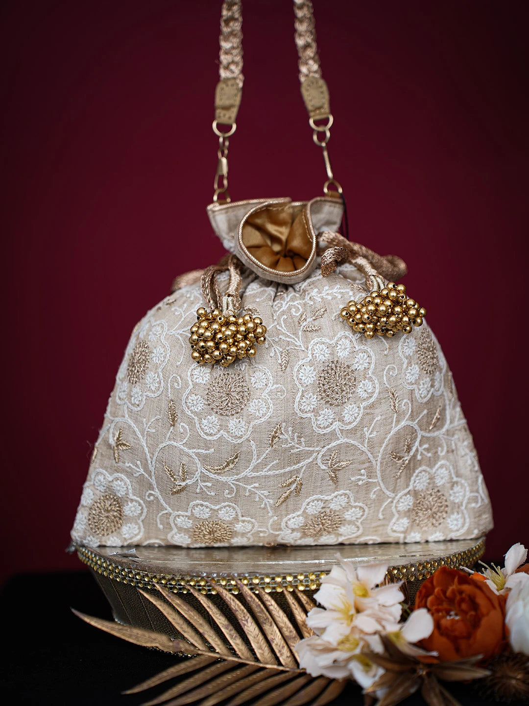 Ada Hand Embroidered Fawn Silk Lucknowi Chikankari Potli Bag With Zari Work 01A725678