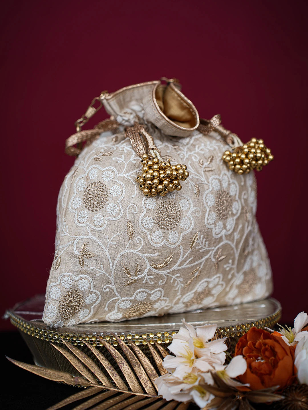 Ada Hand Embroidered Fawn Silk Lucknowi Chikankari Potli Bag With Zari Work 01A725678
