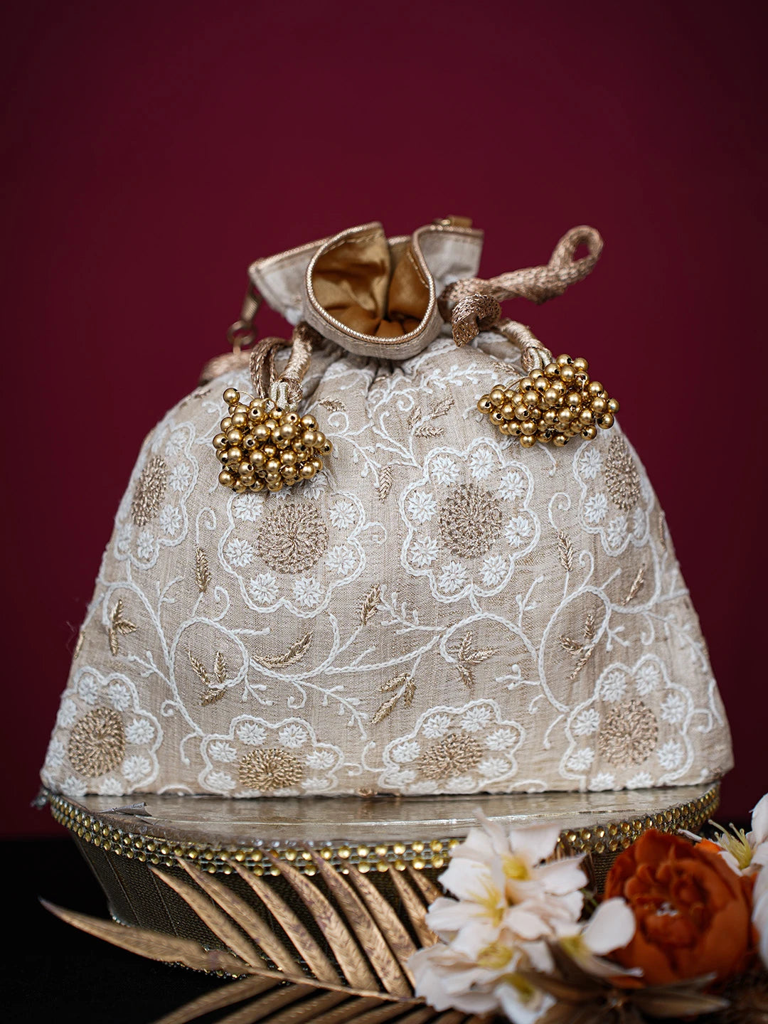 Ada Hand Embroidered Fawn Silk Lucknowi Chikankari Potli Bag With Zari Work 01A725678