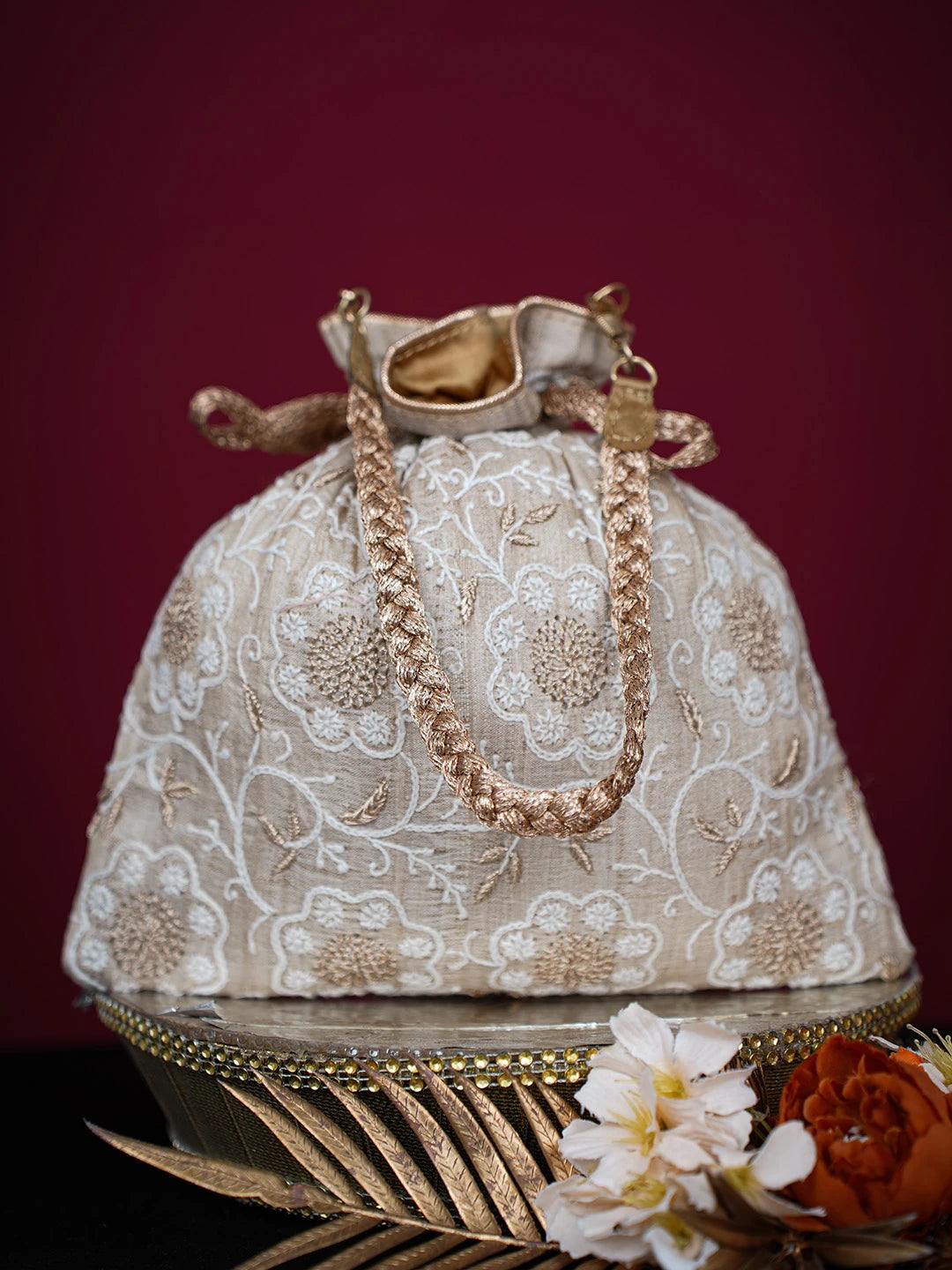 Ada Hand Embroidered Fawn Silk Lucknowi Chikankari Potli Bag With Zari Work 01A725678