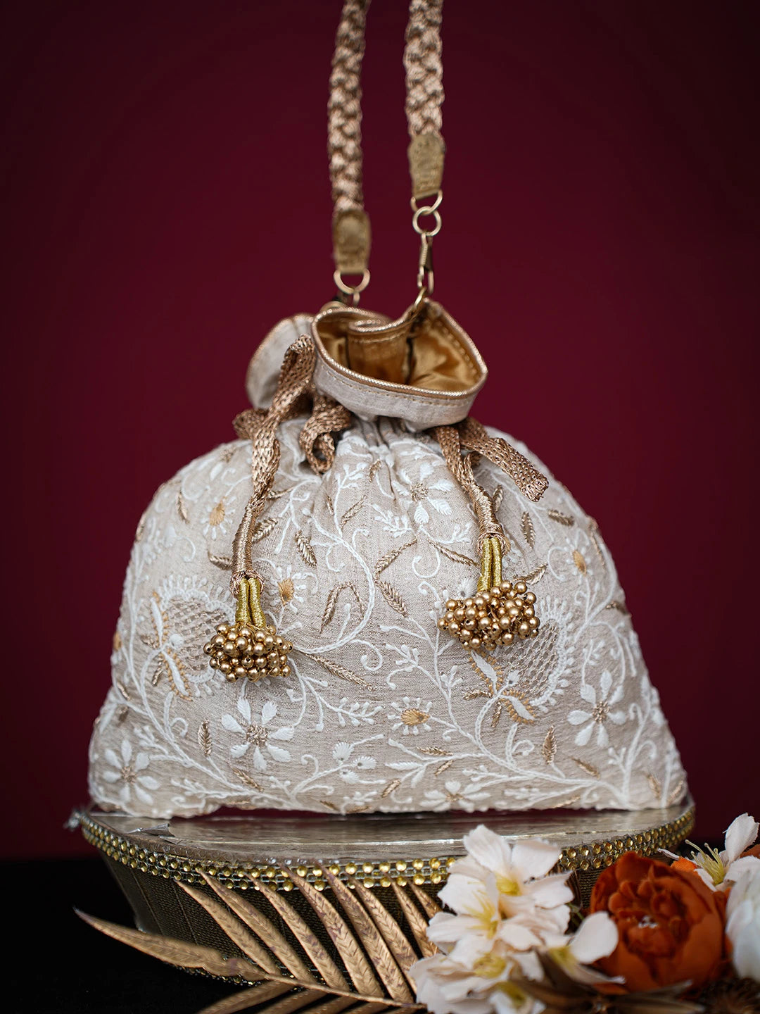 Ada Hand Embroidered Fawn Silk Lucknowi Chikankari Potli Bag With Zari Work 01A718849