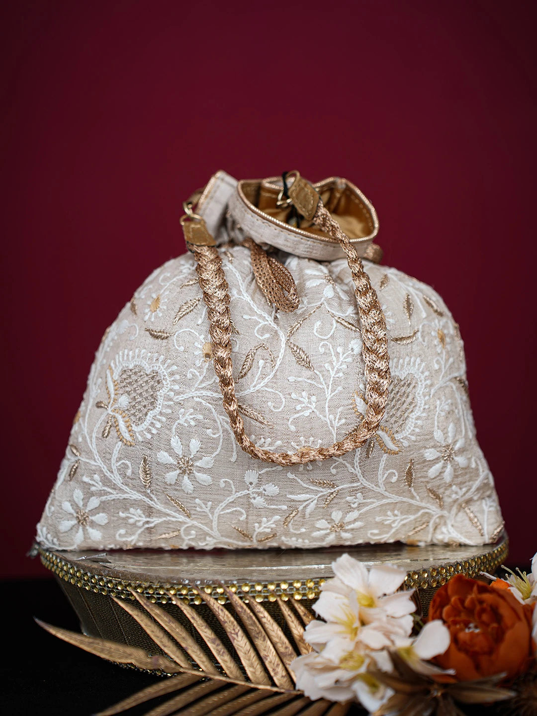 Ada Hand Embroidered Fawn Silk Lucknowi Chikankari Potli Bag With Zari Work 01A718849
