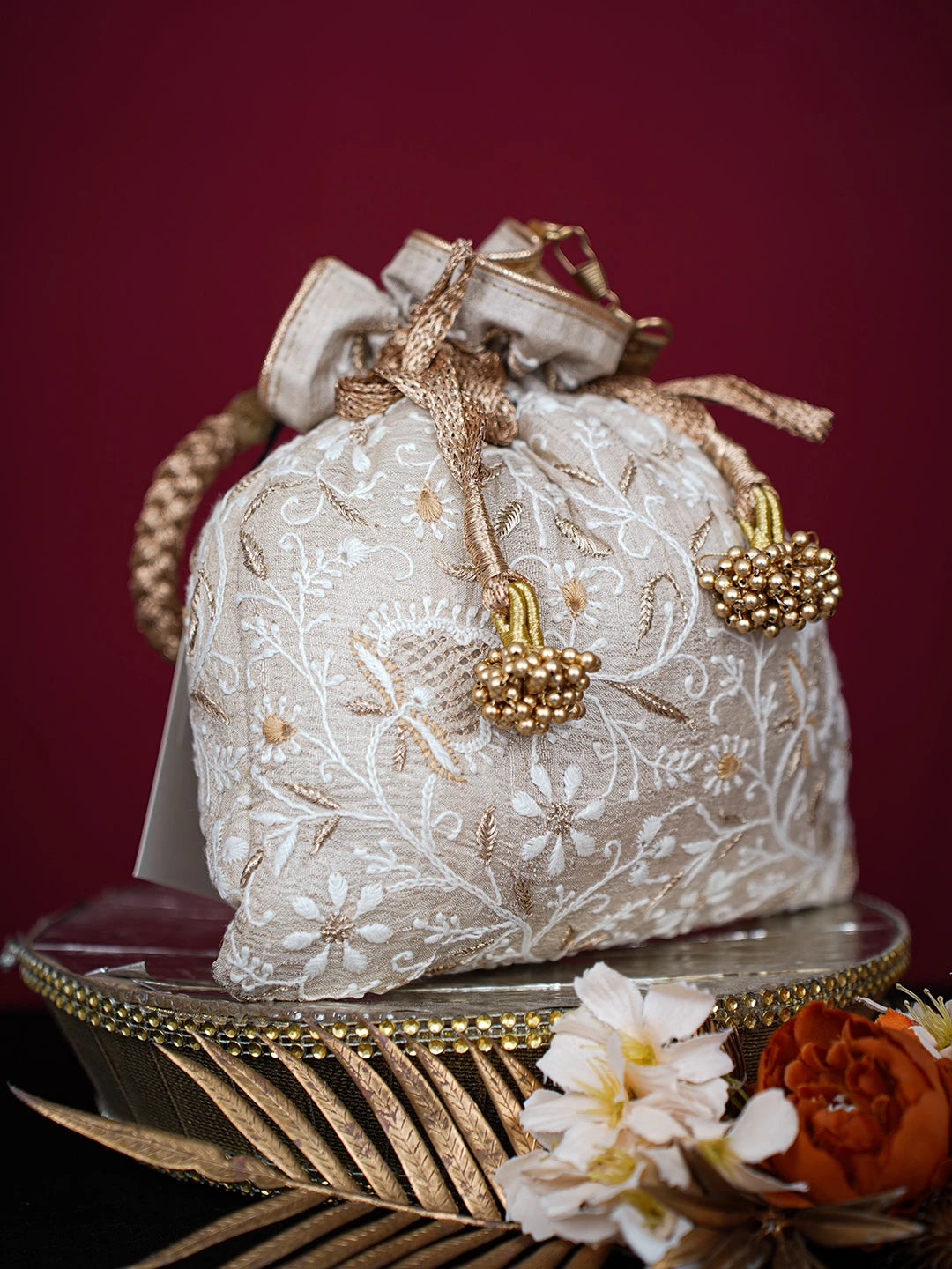 Ada Hand Embroidered Fawn Silk Lucknowi Chikankari Potli Bag With Zari Work 01A718849