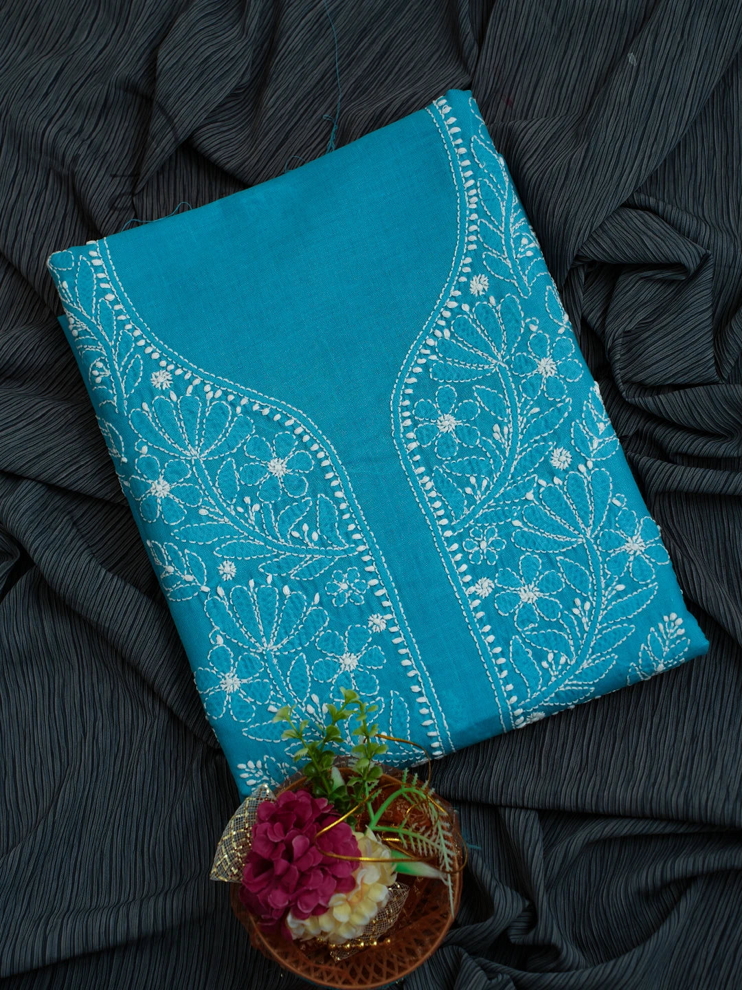 Ada Hand Embroidered Blue Cotton Lucknowi Chikankari Unstitched Kurta Piece 01A725137