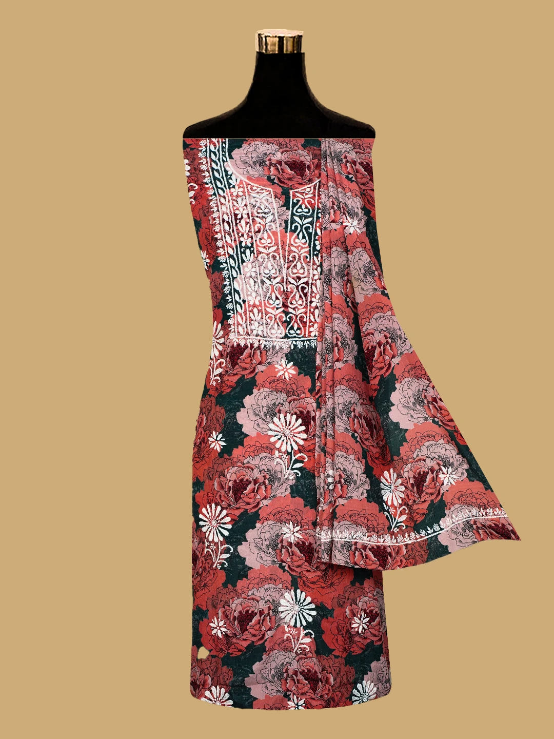 Ada Hand Embroidered Carrot Pink Floral Crepe Printed Chikankari Unstitched Kurta Dupatta Set 01A722938