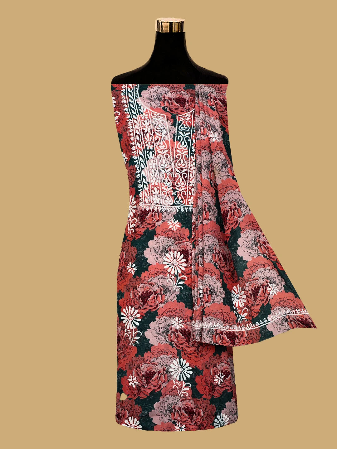 Ada Hand Embroidered Carrot Pink Floral Crepe Printed Chikankari Unstitched Kurta Dupatta Set 01A722938