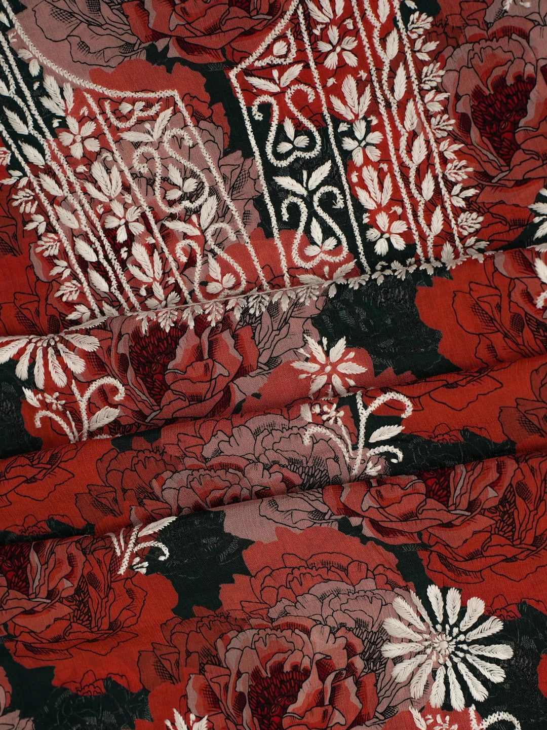 Ada Hand Embroidered Carrot Pink Floral Crepe Printed Chikankari Unstitched Kurta Dupatta Set 01A722938