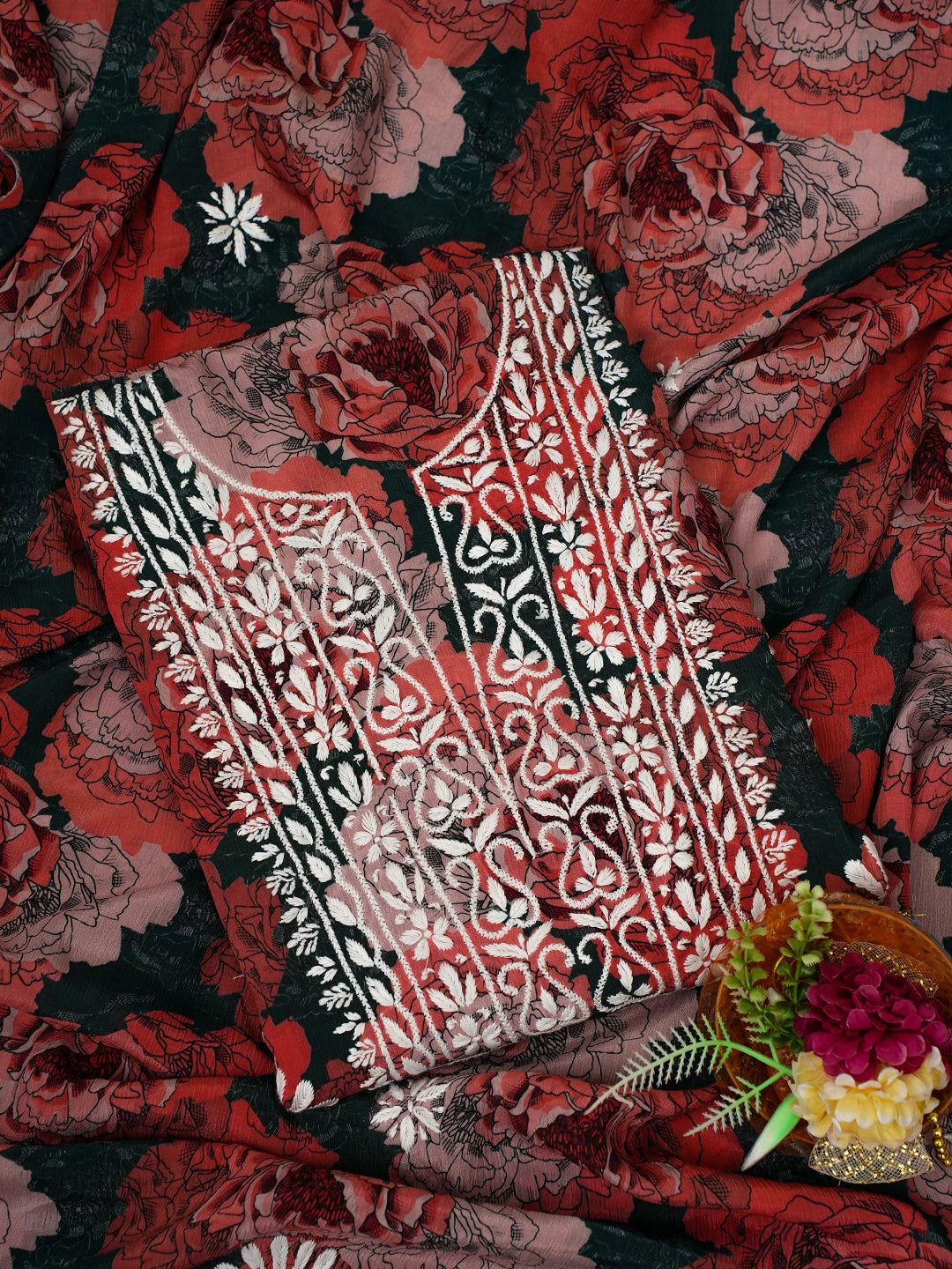 Ada Hand Embroidered Carrot Pink Floral Crepe Printed Chikankari Unstitched Kurta Dupatta Set 01A722938