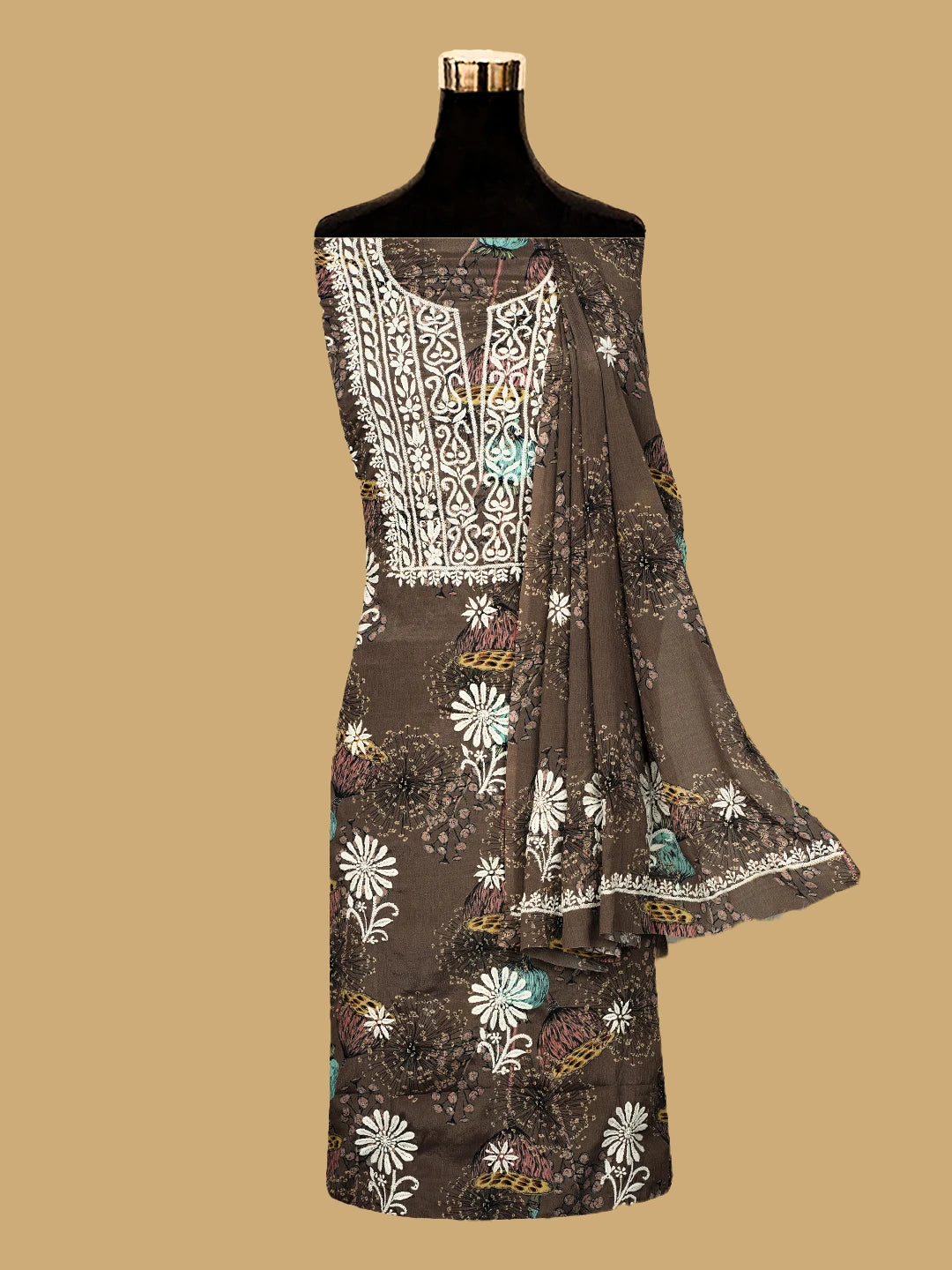 Ada Hand Embroidered Brown Floral Crepe Printed Chikankari Unstitched Kurta Dupatta Set 01A722831