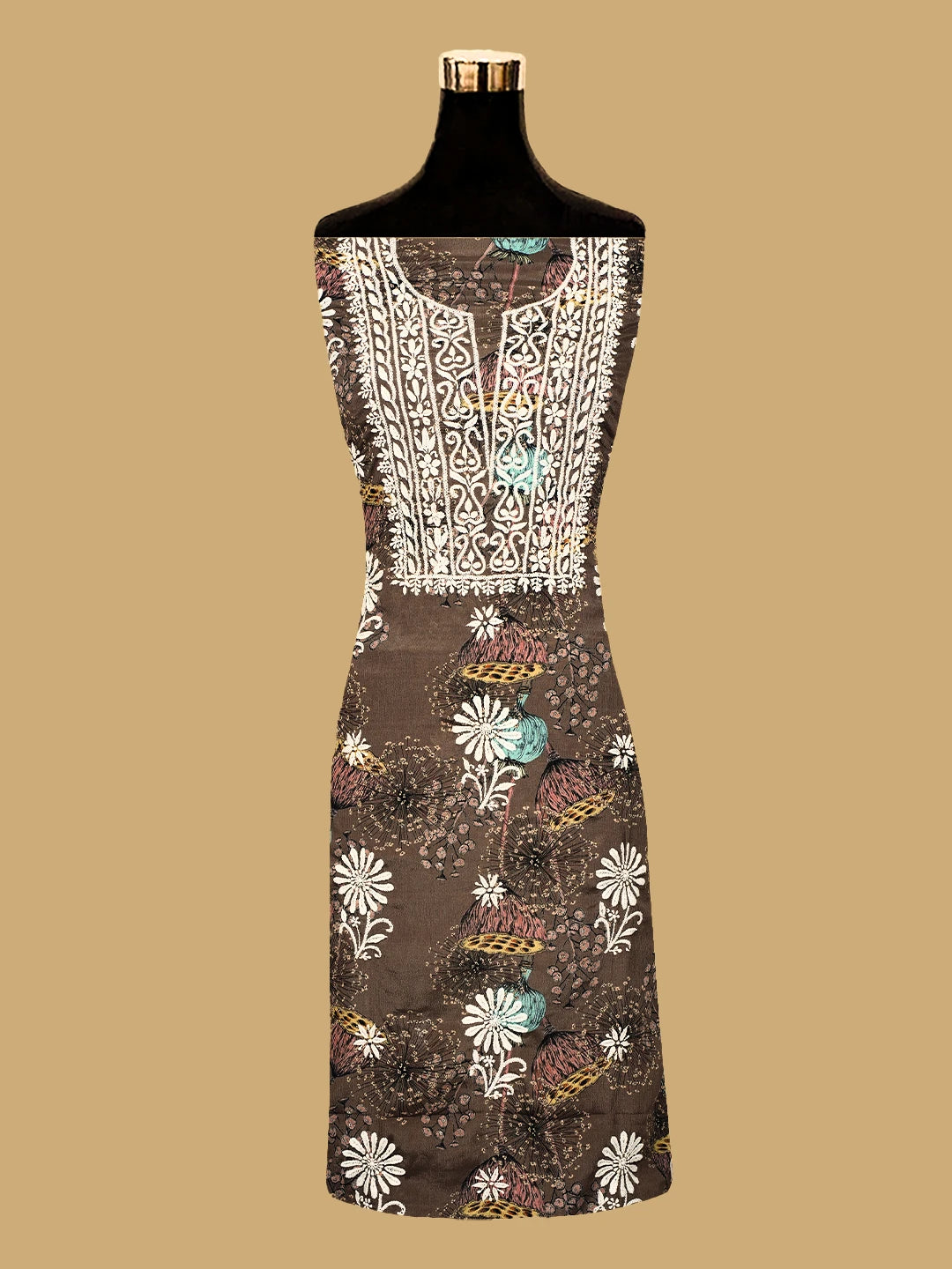 Ada Hand Embroidered Brown Floral Crepe Printed Chikankari Unstitched Kurta Dupatta Set 01A722831