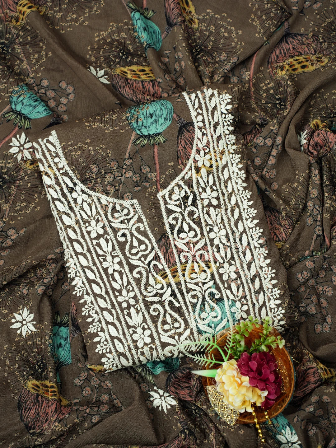 Ada Hand Embroidered Brown Floral Crepe Printed Chikankari Unstitched Kurta Dupatta Set 01A722831