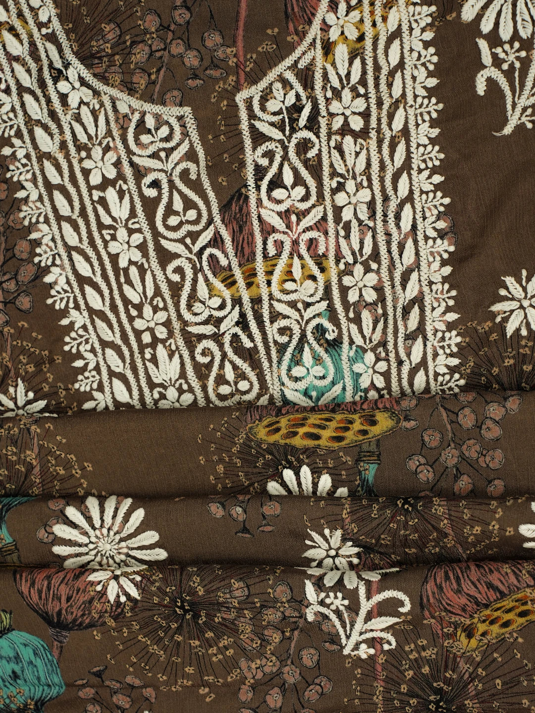 Ada Hand Embroidered Brown Floral Crepe Printed Chikankari Unstitched Kurta Dupatta Set 01A722831