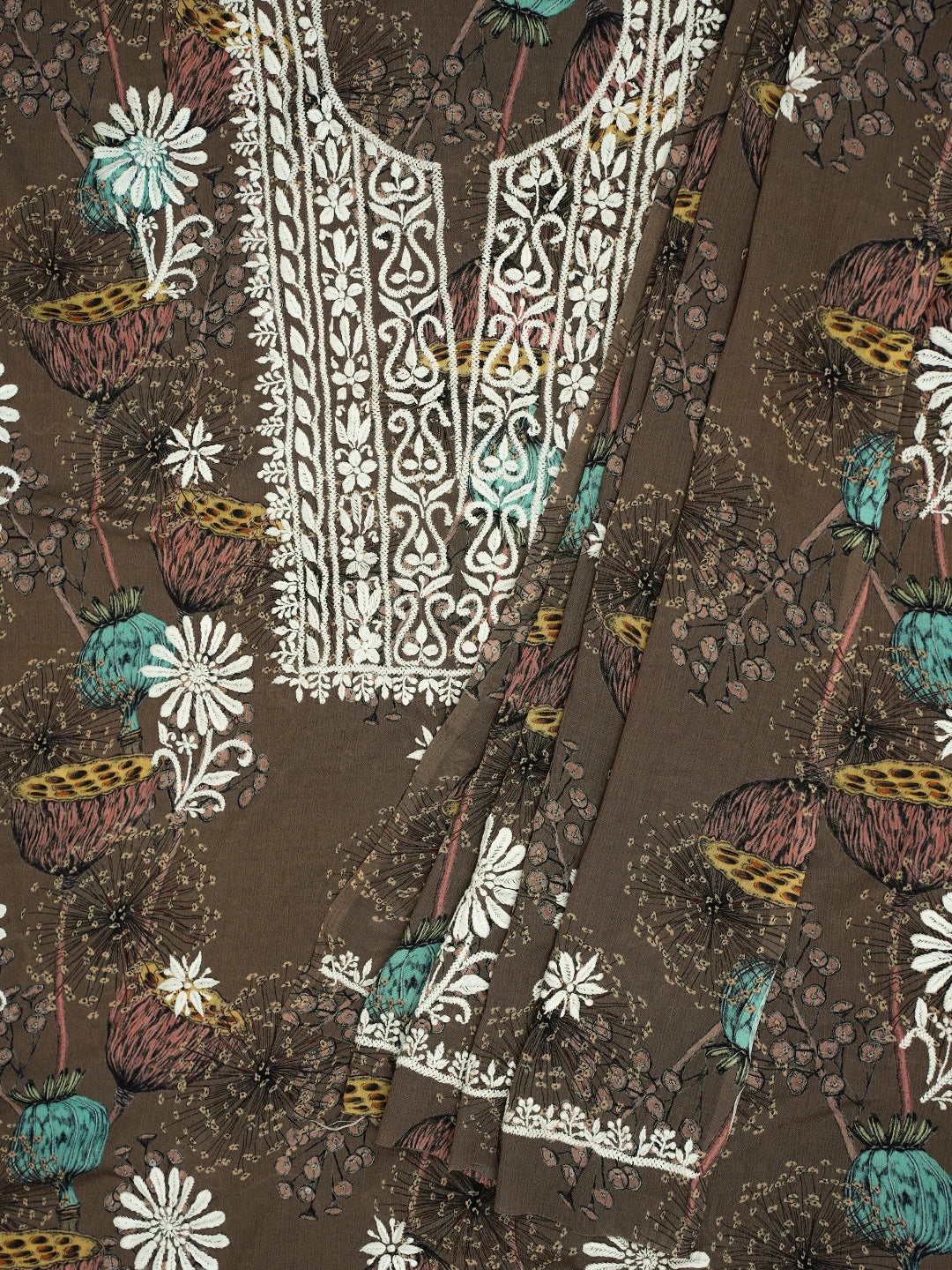 Ada Hand Embroidered Brown Floral Crepe Printed Chikankari Unstitched Kurta Dupatta Set 01A722831
