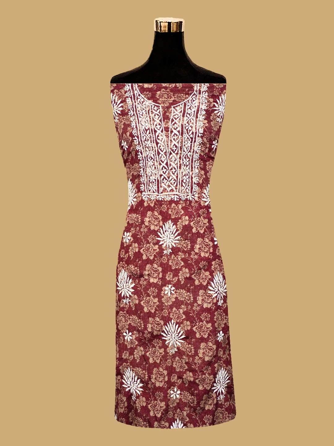 Ada Hand Embroidered Maroon Floral Crepe Printed Chikankari Unstitched Kurta Dupatta Set 01A722920