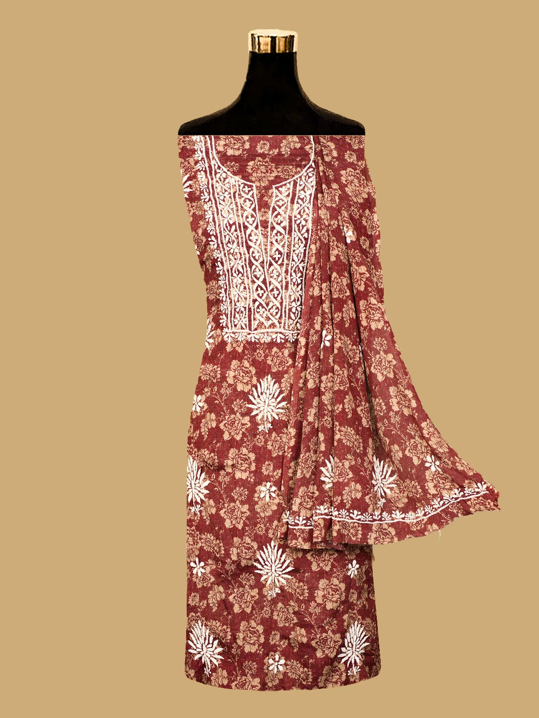 Ada Hand Embroidered Maroon Floral Crepe Printed Chikankari Unstitched Kurta Dupatta Set 01A722920