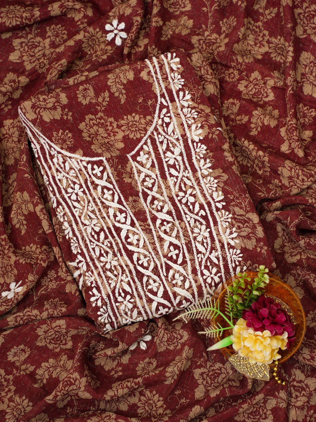 Ada Hand Embroidered Maroon Floral Crepe Printed Chikankari Unstitched Kurta Dupatta Set 01A722920