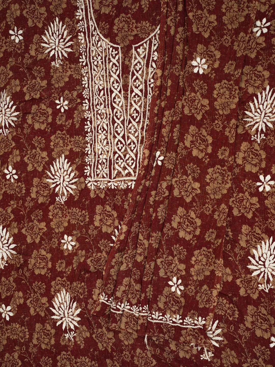 Ada Hand Embroidered Maroon Floral Crepe Printed Chikankari Unstitched Kurta Dupatta Set 01A722920