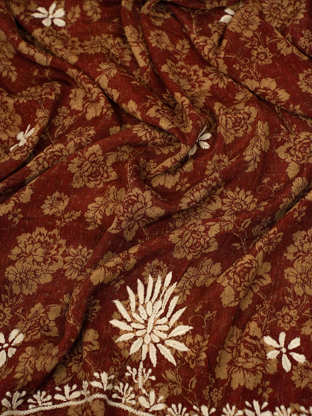 Ada Hand Embroidered Maroon Floral Crepe Printed Chikankari Unstitched Kurta Dupatta Set 01A722920