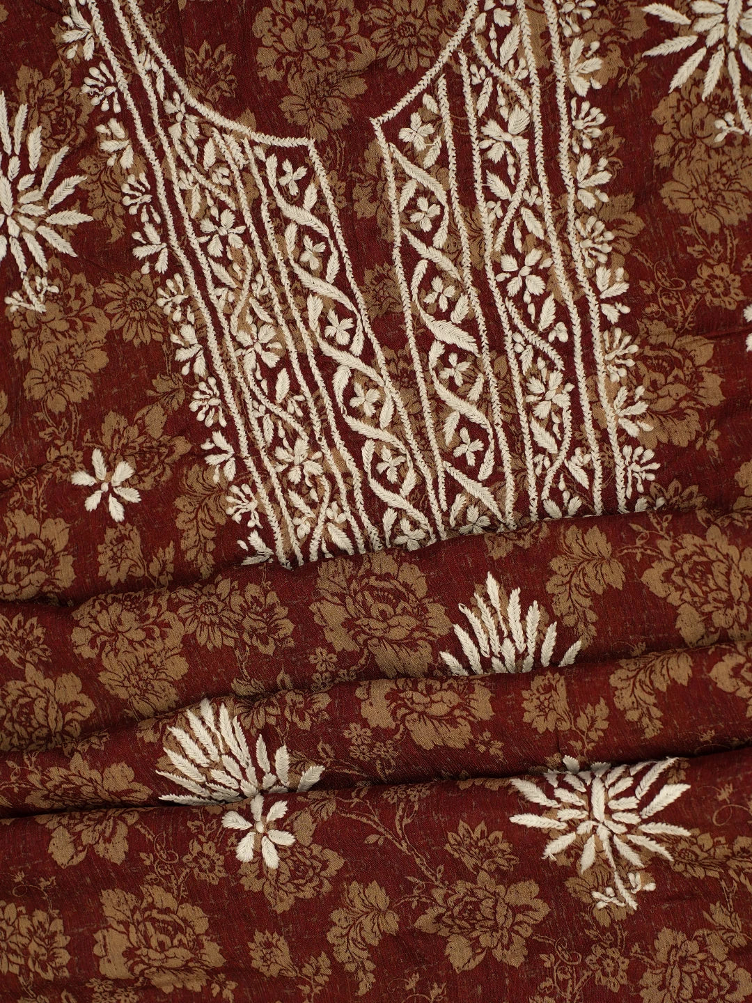 Ada Hand Embroidered Maroon Floral Crepe Printed Chikankari Unstitched Kurta Dupatta Set 01A722920