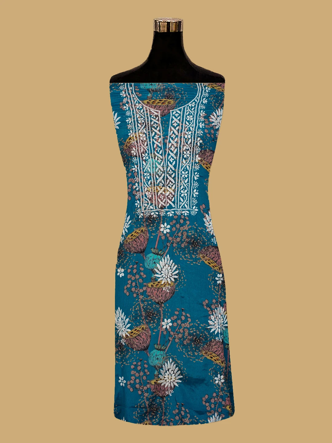 Ada Hand Embroidered Peacock Blue Crepe Floral Printed Chikankari Unstitched Kurta Dupatta Set 01A722853