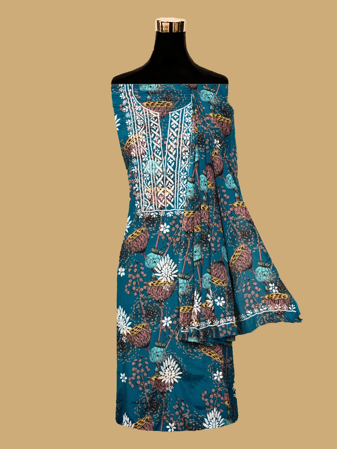 Ada Hand Embroidered Peacock Blue Crepe Floral Printed Chikankari Unstitched Kurta Dupatta Set 01A722853