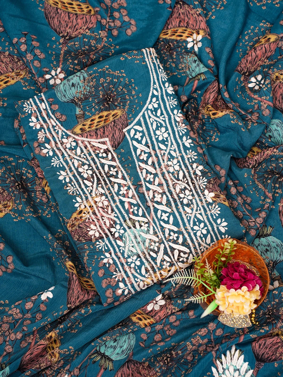 Ada Hand Embroidered Peacock Blue Crepe Floral Printed Chikankari Unstitched Kurta Dupatta Set 01A722853
