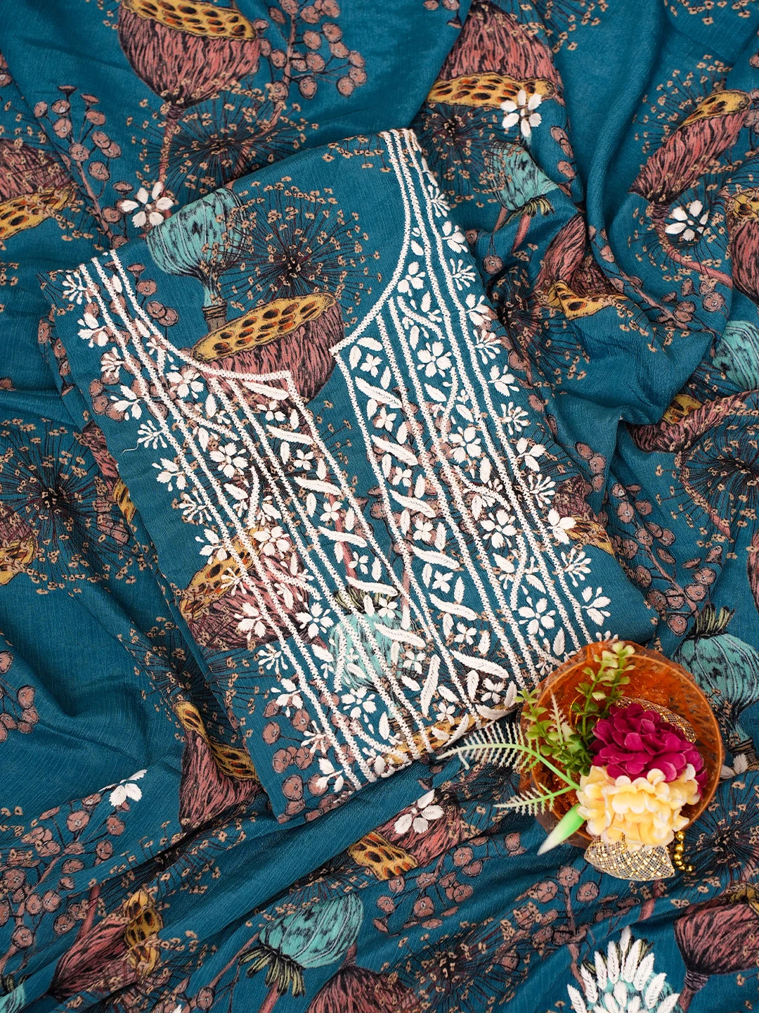 Ada Hand Embroidered Peacock Blue Crepe Floral Printed Chikankari Unstitched Kurta Dupatta Set 01A722853