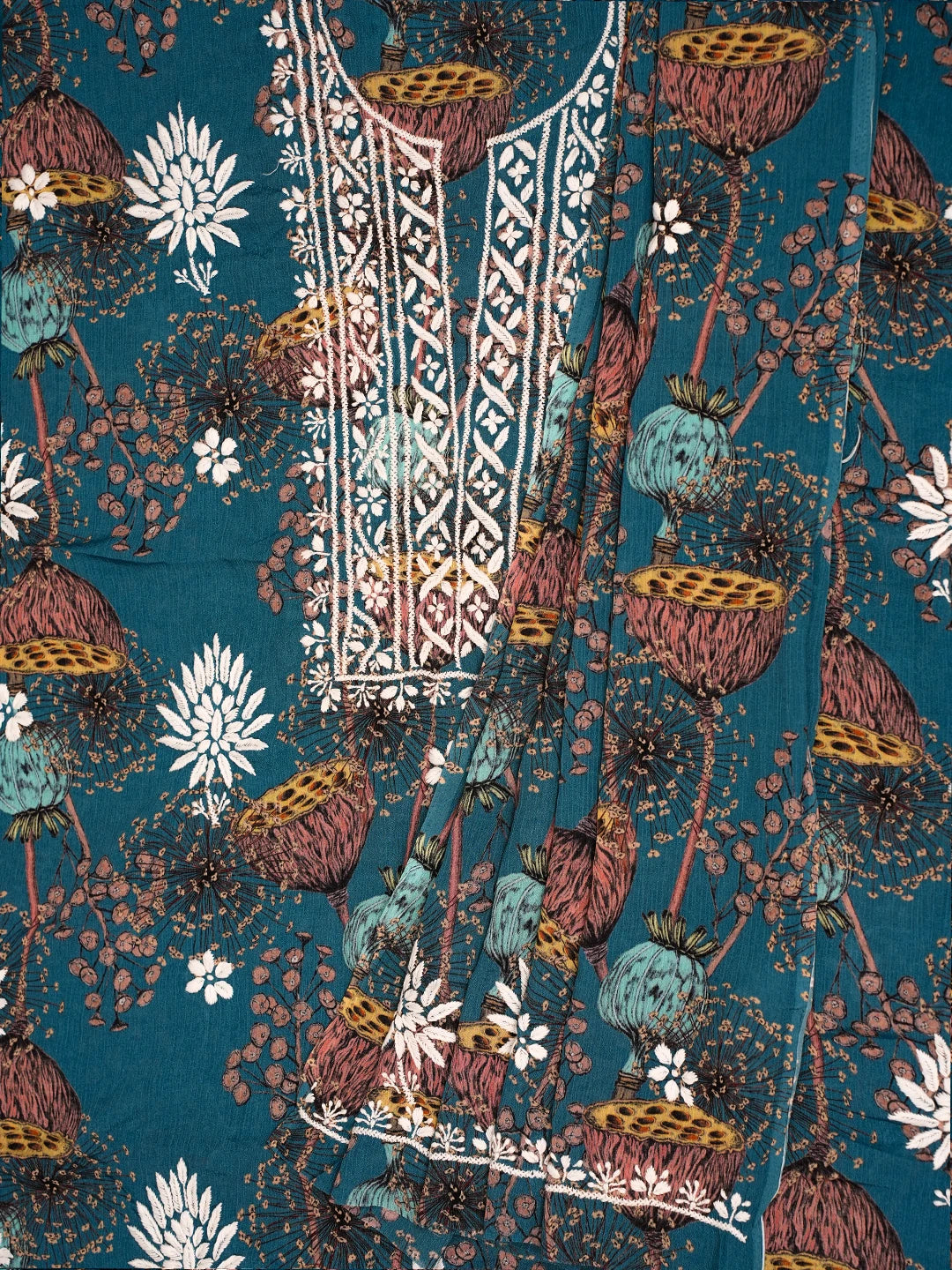 Ada Hand Embroidered Peacock Blue Crepe Floral Printed Chikankari Unstitched Kurta Dupatta Set 01A722853