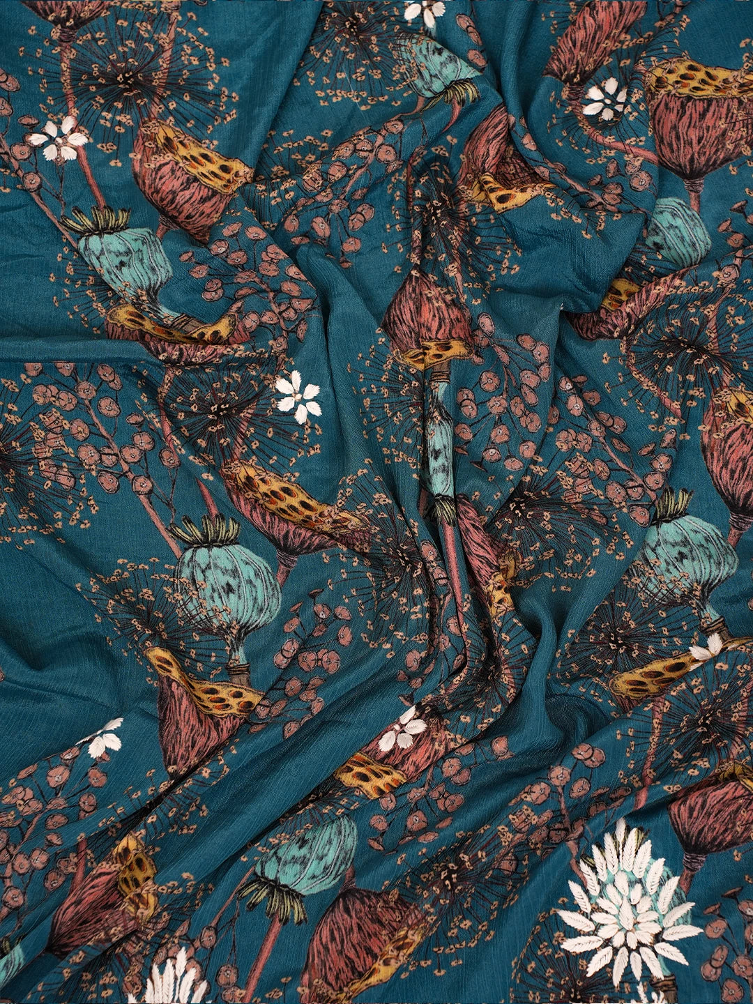 Ada Hand Embroidered Peacock Blue Crepe Floral Printed Chikankari Unstitched Kurta Dupatta Set 01A722853
