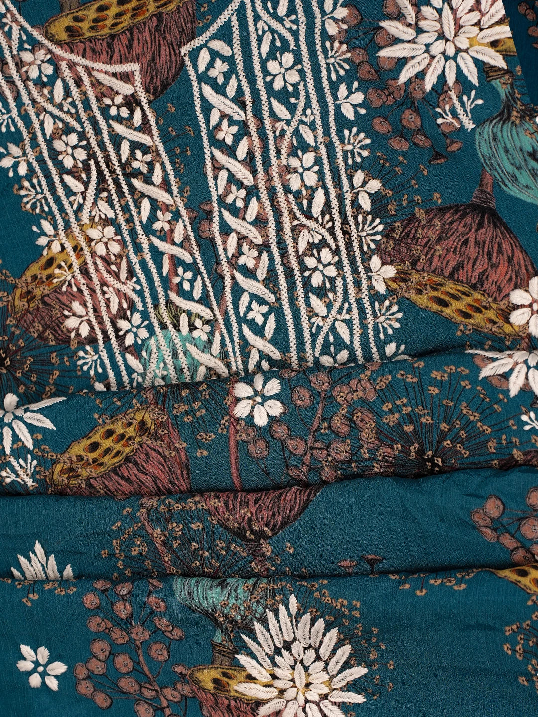 Ada Hand Embroidered Peacock Blue Crepe Floral Printed Chikankari Unstitched Kurta Dupatta Set 01A722853