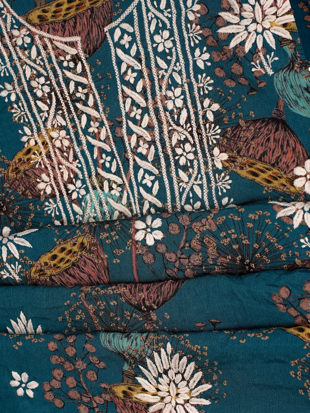 Ada Hand Embroidered Peacock Blue Crepe Floral Printed Chikankari Unstitched Kurta Dupatta Set 01A722853