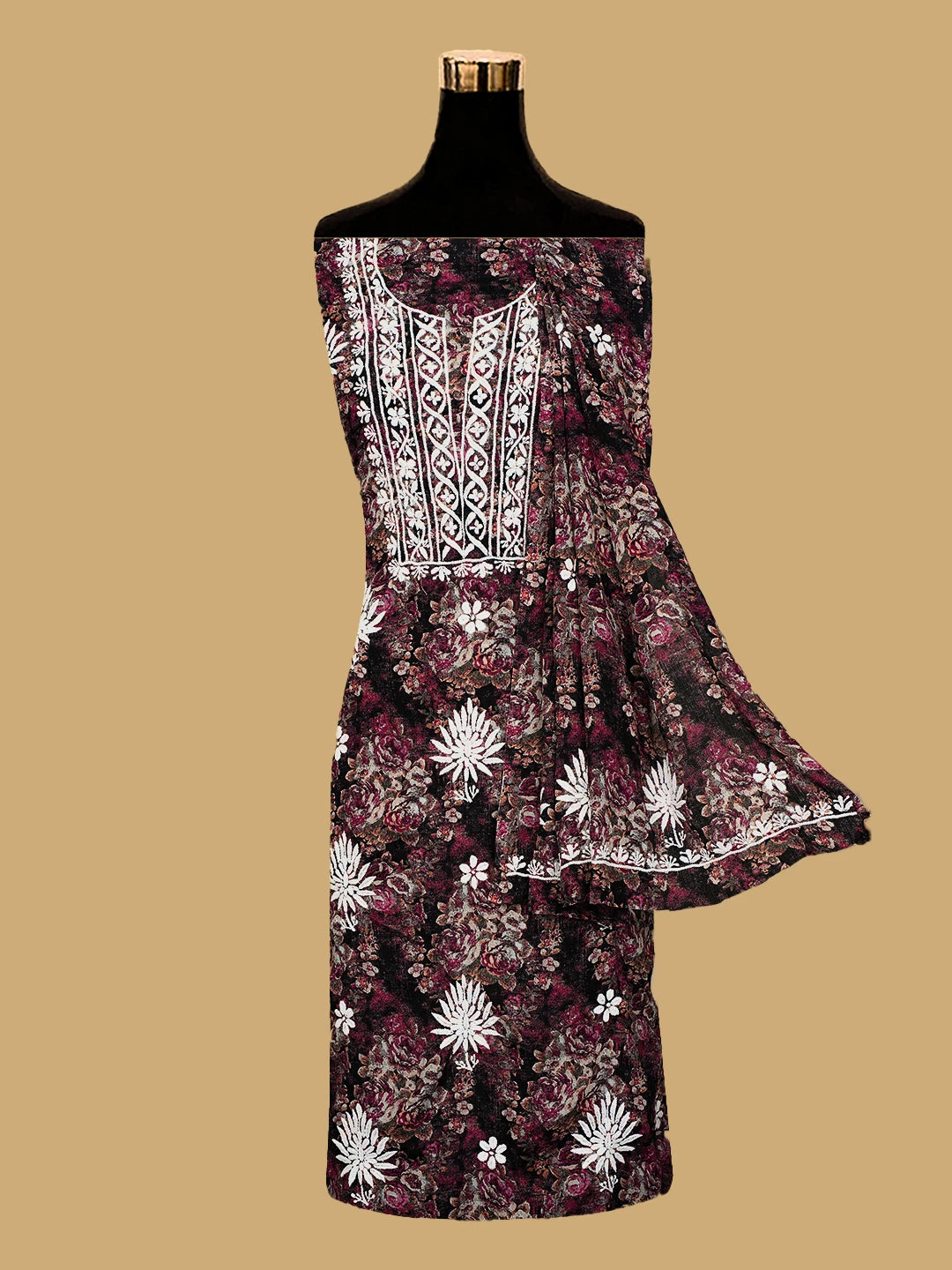 Ada Hand Embroidered Multi Color Crepe Floral Printed Chikankari Unstitched Kurta Dupatta Set 01A723065