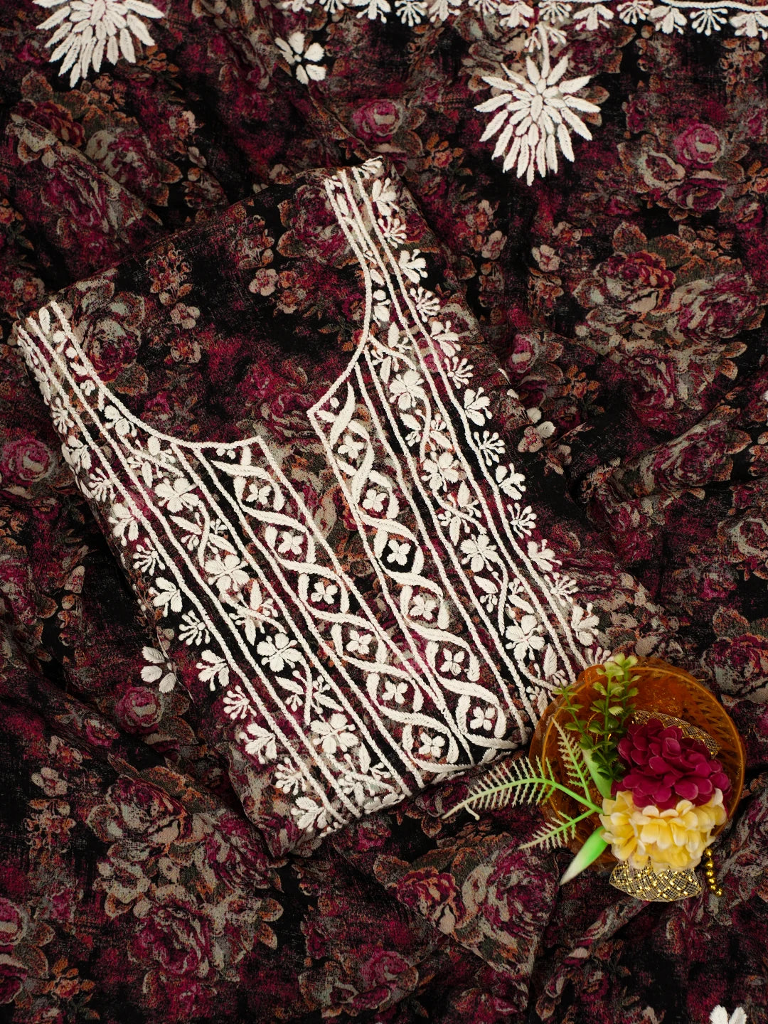Ada Hand Embroidered Multi Color Crepe Floral Printed Chikankari Unstitched Kurta Dupatta Set 01A723065