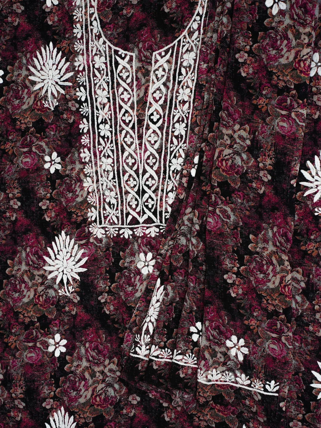 Ada Hand Embroidered Multi Color Crepe Floral Printed Chikankari Unstitched Kurta Dupatta Set 01A723065