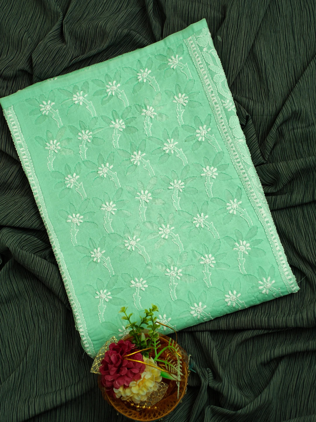 Ada Hand Embroidered Sea Green Cotton Lucknowi Chikankari Semi-Stitched Kurta Piece 01A723365
